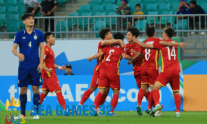 Cầu thủ Việt Nam (áo đỏ) mừng bàn vào lưới Thái Lan trong trận hoà 2-2 tại vòng bảng U23 châu Á ngày 2/6/2022 tại thành phố Taskent, Uzbekistan. Ảnh: Lâm Thoả